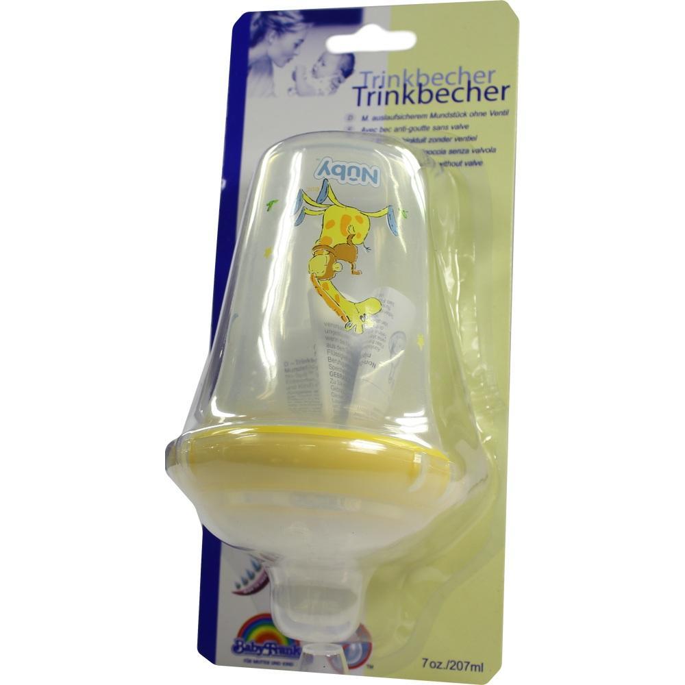 Durchsichtiger Baby-Trinkbecher in Verpackung mit gelben Details und Giraffenmotiv.