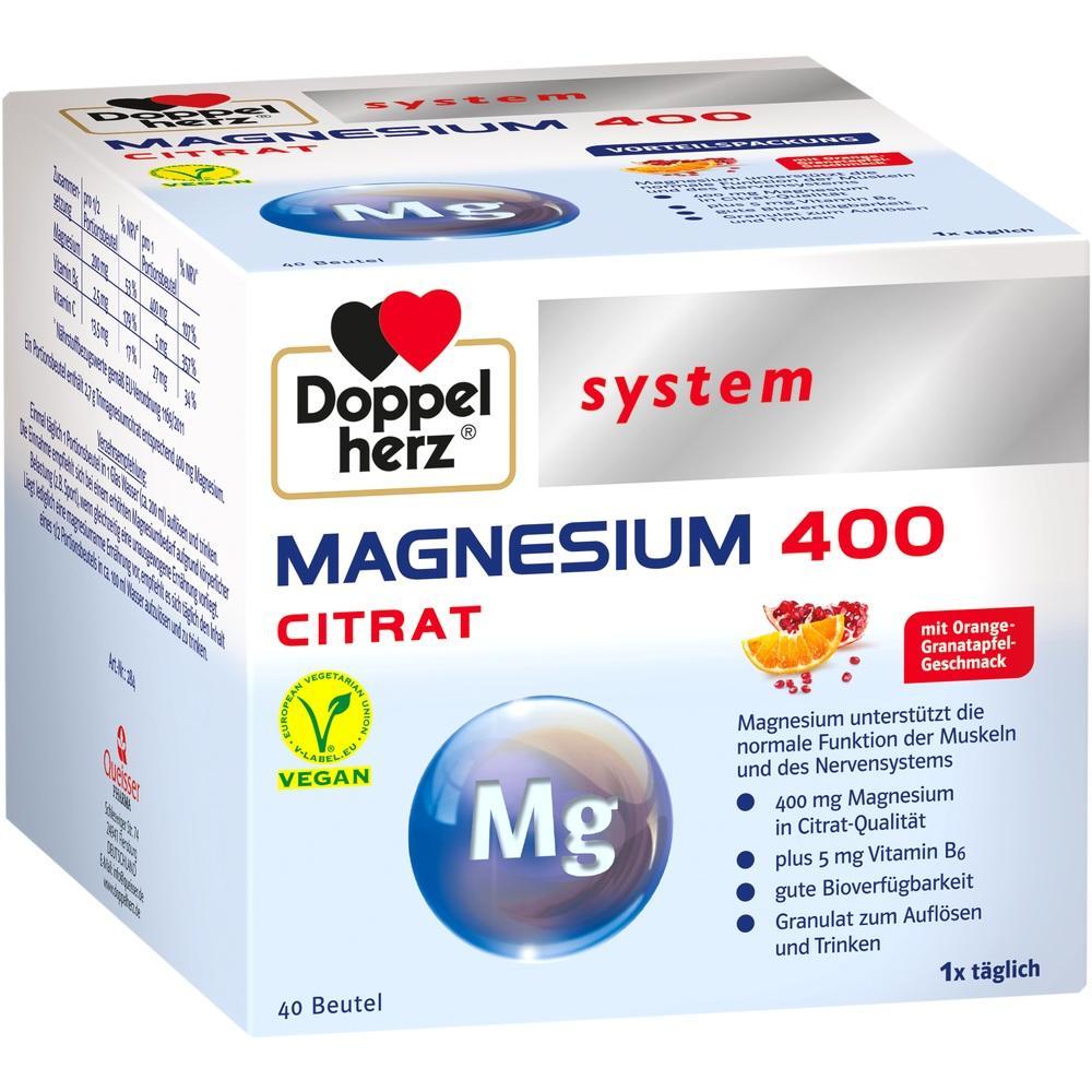 Eine Verpackung von Magnesium 400 Citrat der Marke Doppelherz mit Fruchtgeschmack.