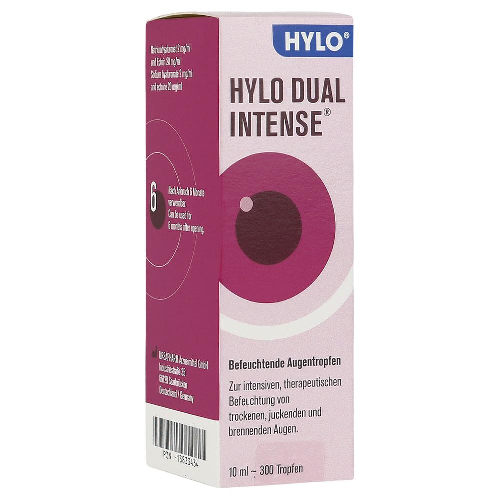 Eine Flasche Hylo Dual Intense Augentropfen für trockene und brennende Augen.
