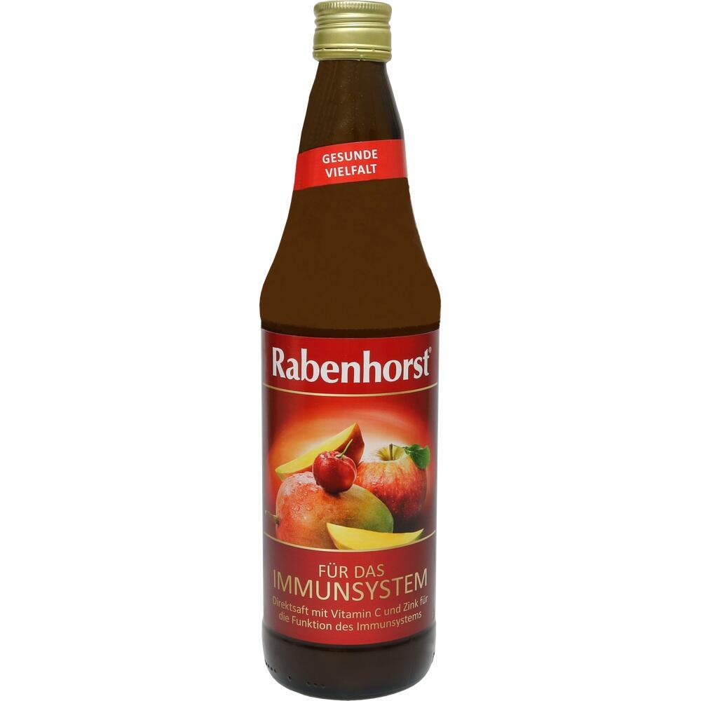 Flasche Rabenhorst-Saft mit der Aufschrift "Für das Immunsystem" und Obstabbildungen.