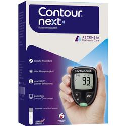 Ein Blutzuckermessgerät von Contour next wird in einer Hand gehalten.